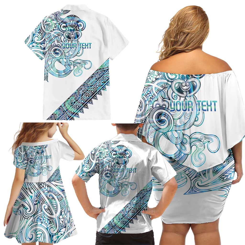 Kahui Whetu Paua shell Kowhaiwhai Taniko Personalised Family Matching Off Shoulder Short Dress and Hawaiian Shirt Taniwha Maori Tribal Style