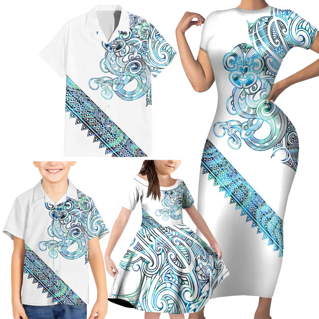 Kahui Whetu Paua shell Kowhaiwhai Taniko Personalised Family Matching Short Sleeve Bodycon Dress and Hawaiian Shirt Taniwha Maori Tribal Style