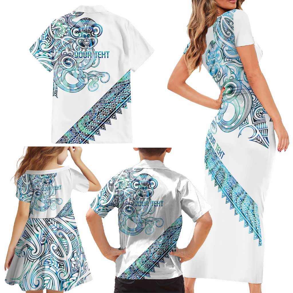 Kahui Whetu Paua shell Kowhaiwhai Taniko Personalised Family Matching Short Sleeve Bodycon Dress and Hawaiian Shirt Taniwha Maori Tribal Style