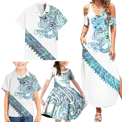 Kahui Whetu Paua shell Kowhaiwhai Taniko Personalised Family Matching Summer Maxi Dress and Hawaiian Shirt Taniwha Maori Tribal Style