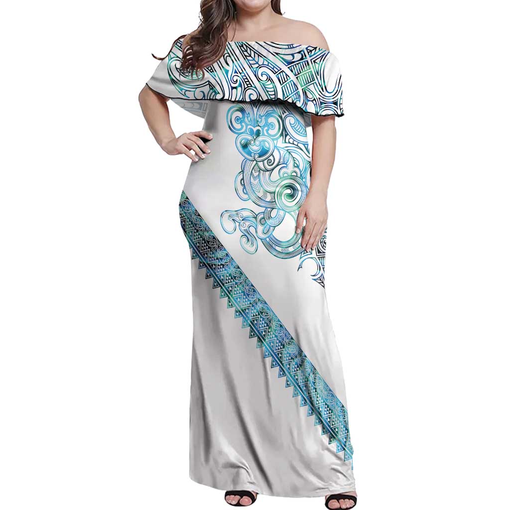 Kahui Whetu Paua shell Kowhaiwhai Taniko Personalised Off Shoulder Maxi Dress Taniwha Maori Tribal Style