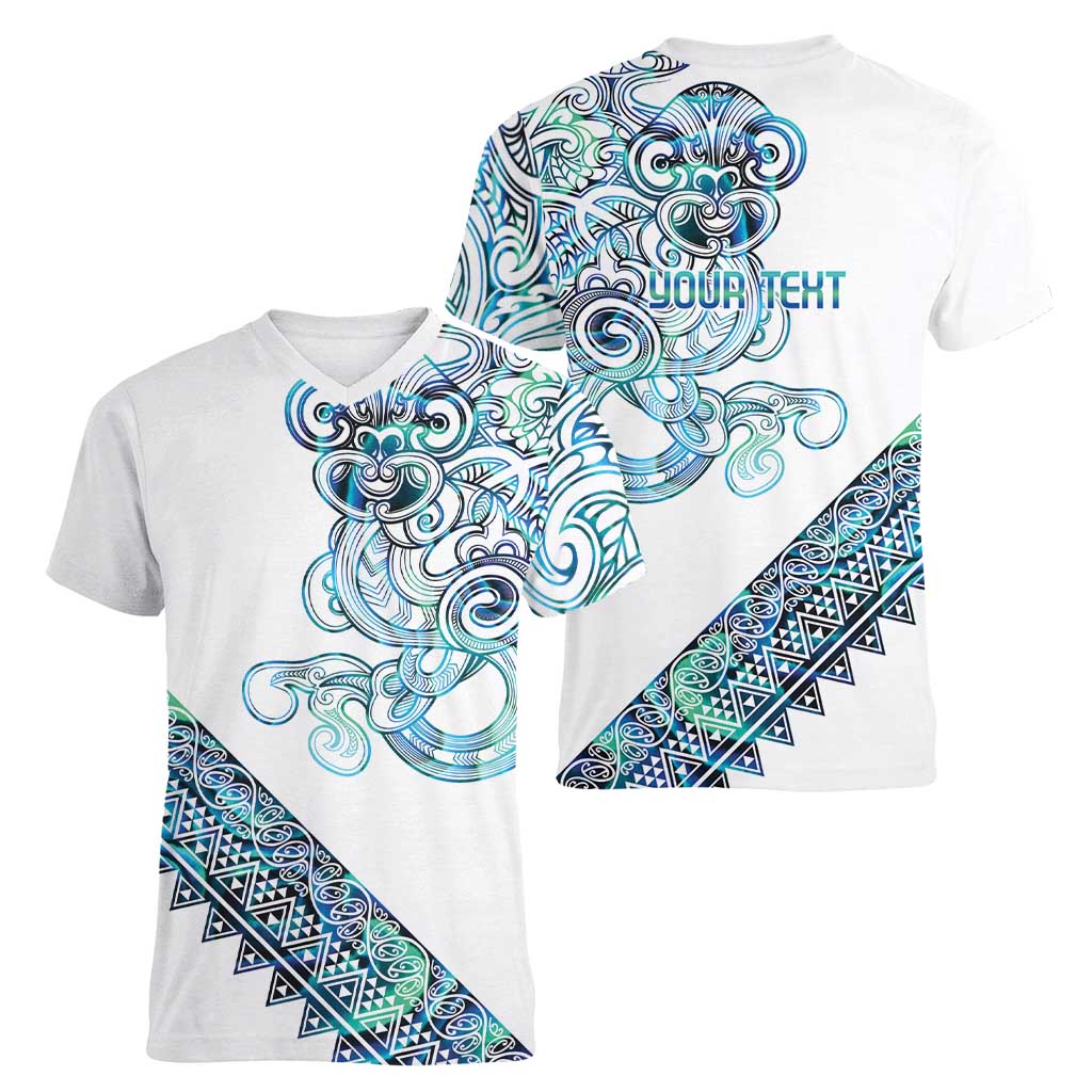 Kahui Whetu Paua shell Kowhaiwhai Taniko Personalised Women V-Neck T-Shirt Taniwha Maori Tribal Style