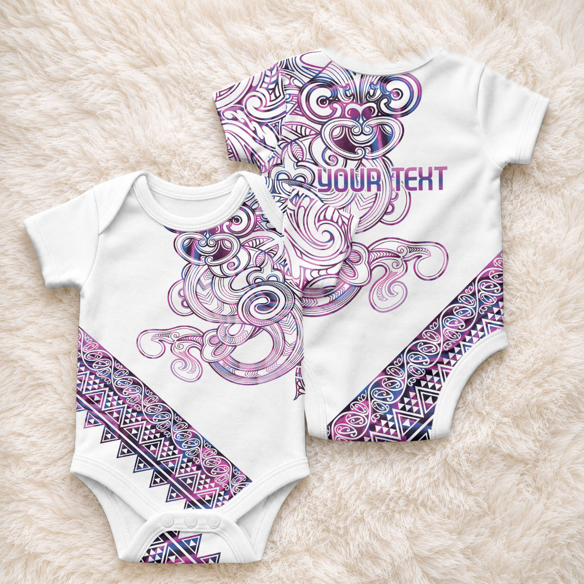 Mawhero Paua shell Kowhaiwhai Taniko Personalised Baby Onesie Taniwha Maori Tribal Style