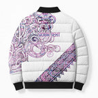 Mawhero Paua shell Kowhaiwhai Taniko Personalised Bomber Puffer Jacket Taniwha Maori Tribal Style