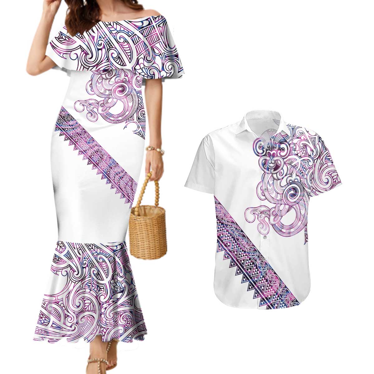 Mawhero Paua shell Kowhaiwhai Taniko Personalised Couples Matching Mermaid Dress and Hawaiian Shirt Taniwha Maori Tribal Style