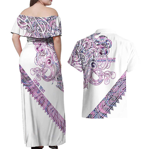Mawhero Paua shell Kowhaiwhai Taniko Personalised Couples Matching Off Shoulder Maxi Dress and Hawaiian Shirt Taniwha Maori Tribal Style