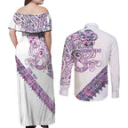 Mawhero Paua shell Kowhaiwhai Taniko Personalised Couples Matching Off Shoulder Maxi Dress and Long Sleeve Button Shirt Taniwha Maori Tribal Style