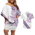 Mawhero Paua shell Kowhaiwhai Taniko Personalised Couples Matching Off Shoulder Short Dress and Hawaiian Shirt Taniwha Maori Tribal Style