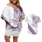 Mawhero Paua shell Kowhaiwhai Taniko Personalised Couples Matching Off Shoulder Short Dress and Hawaiian Shirt Taniwha Maori Tribal Style