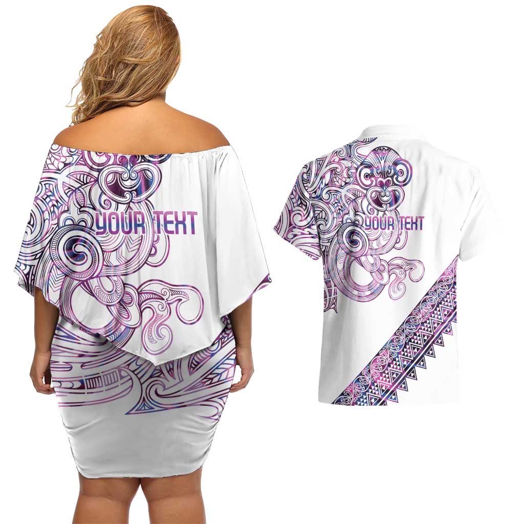 Mawhero Paua shell Kowhaiwhai Taniko Personalised Couples Matching Off Shoulder Short Dress and Hawaiian Shirt Taniwha Maori Tribal Style