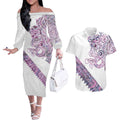 Mawhero Paua shell Kowhaiwhai Taniko Personalised Couples Matching Off The Shoulder Long Sleeve Dress and Hawaiian Shirt Taniwha Maori Tribal Style