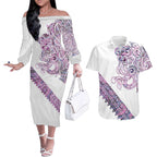 Mawhero Paua shell Kowhaiwhai Taniko Personalised Couples Matching Off The Shoulder Long Sleeve Dress and Hawaiian Shirt Taniwha Maori Tribal Style