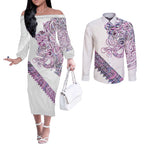 Mawhero Paua shell Kowhaiwhai Taniko Personalised Couples Matching Off The Shoulder Long Sleeve Dress and Long Sleeve Button Shirt Taniwha Maori Tribal Style