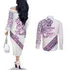 Mawhero Paua shell Kowhaiwhai Taniko Personalised Couples Matching Off The Shoulder Long Sleeve Dress and Long Sleeve Button Shirt Taniwha Maori Tribal Style