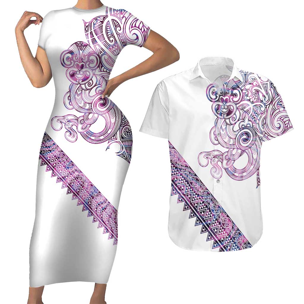 Mawhero Paua shell Kowhaiwhai Taniko Personalised Couples Matching Short Sleeve Bodycon Dress and Hawaiian Shirt Taniwha Maori Tribal Style