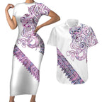Mawhero Paua shell Kowhaiwhai Taniko Personalised Couples Matching Short Sleeve Bodycon Dress and Hawaiian Shirt Taniwha Maori Tribal Style