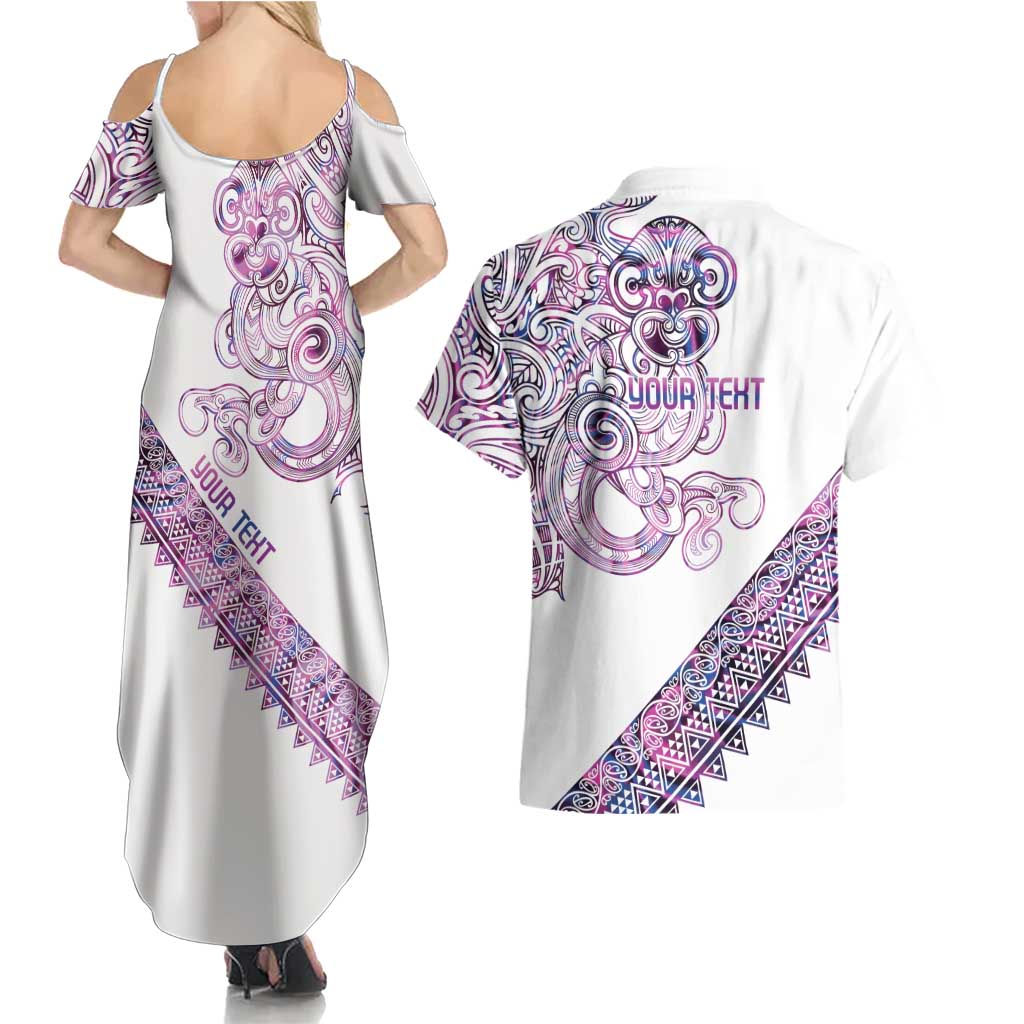 Mawhero Paua shell Kowhaiwhai Taniko Personalised Couples Matching Summer Maxi Dress and Hawaiian Shirt Taniwha Maori Tribal Style