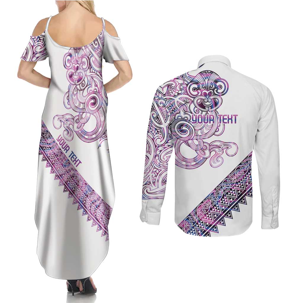 Mawhero Paua shell Kowhaiwhai Taniko Personalised Couples Matching Summer Maxi Dress and Long Sleeve Button Shirt Taniwha Maori Tribal Style