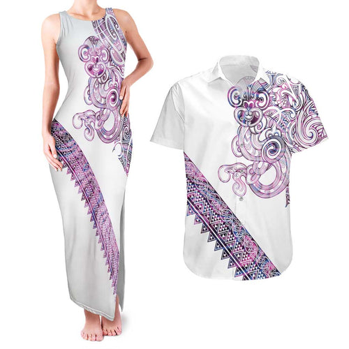 Mawhero Paua shell Kowhaiwhai Taniko Personalised Couples Matching Tank Maxi Dress and Hawaiian Shirt Taniwha Maori Tribal Style