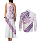 Mawhero Paua shell Kowhaiwhai Taniko Personalised Couples Matching Tank Maxi Dress and Long Sleeve Button Shirt Taniwha Maori Tribal Style