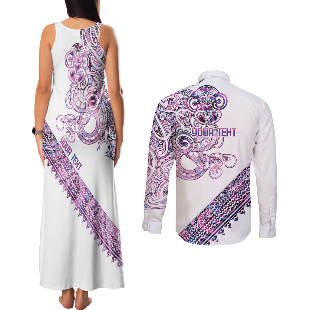 Mawhero Paua shell Kowhaiwhai Taniko Personalised Couples Matching Tank Maxi Dress and Long Sleeve Button Shirt Taniwha Maori Tribal Style