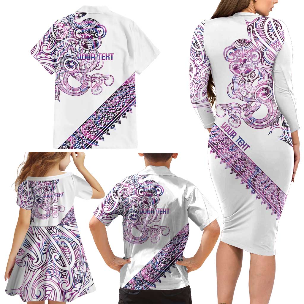Mawhero Paua shell Kowhaiwhai Taniko Personalised Family Matching Long Sleeve Bodycon Dress and Hawaiian Shirt Taniwha Maori Tribal Style