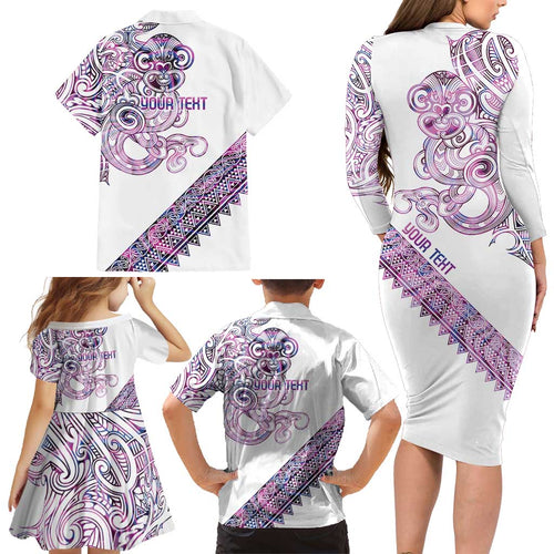 Mawhero Paua shell Kowhaiwhai Taniko Personalised Family Matching Long Sleeve Bodycon Dress and Hawaiian Shirt Taniwha Maori Tribal Style