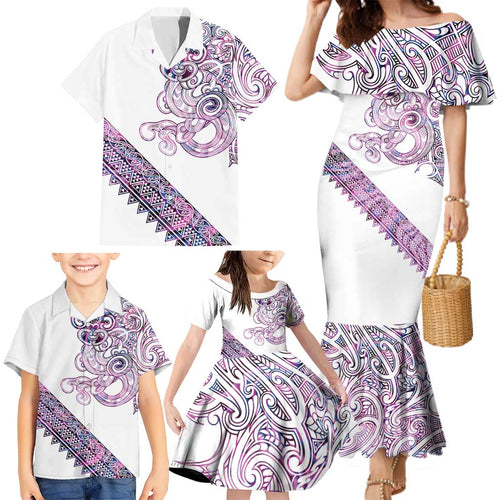 Mawhero Paua shell Kowhaiwhai Taniko Personalised Family Matching Mermaid Dress and Hawaiian Shirt Taniwha Maori Tribal Style