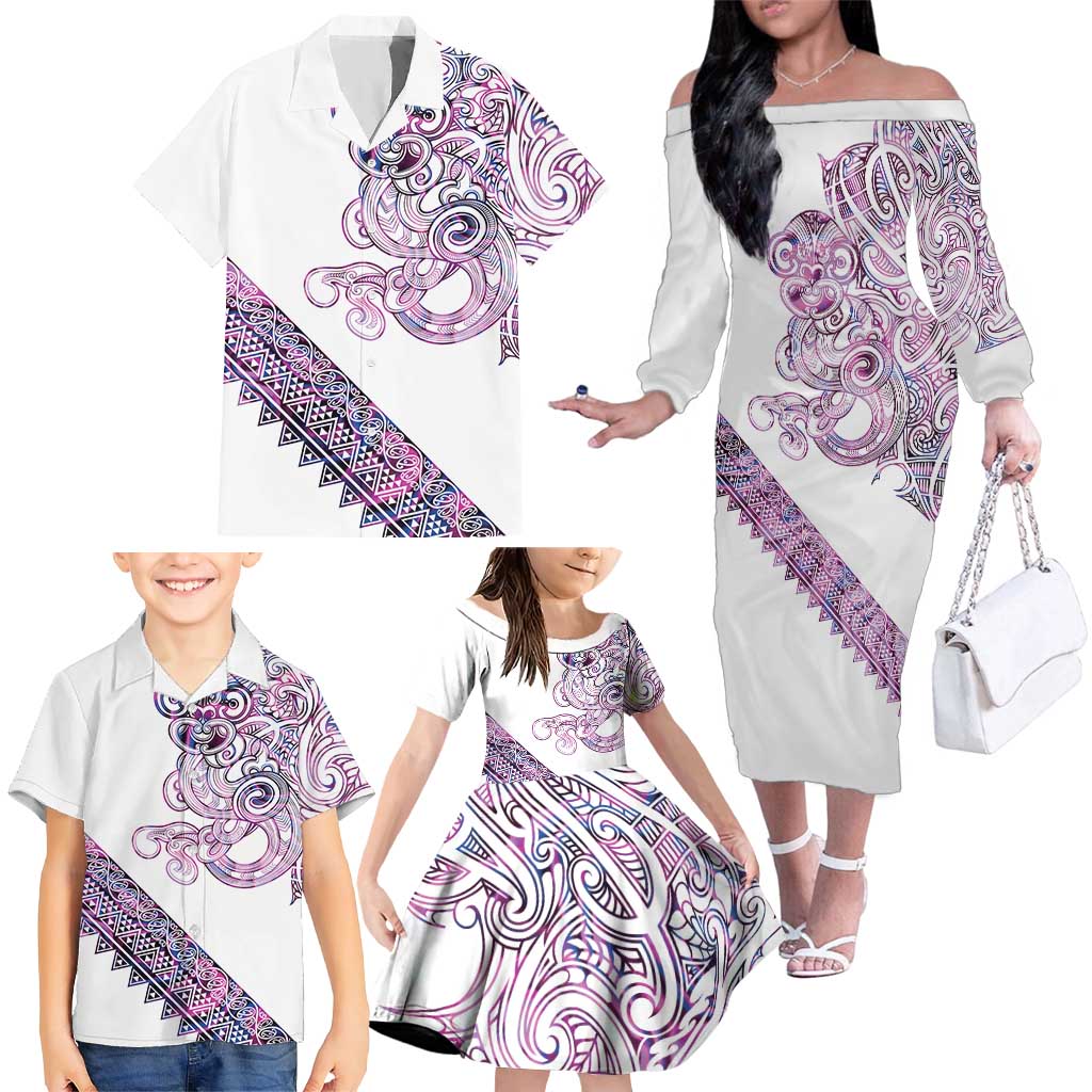 Mawhero Paua shell Kowhaiwhai Taniko Personalised Family Matching Off The Shoulder Long Sleeve Dress and Hawaiian Shirt Taniwha Maori Tribal Style