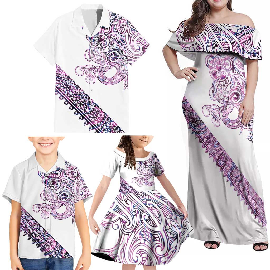 Mawhero Paua shell Kowhaiwhai Taniko Personalised Family Matching Off Shoulder Maxi Dress and Hawaiian Shirt Taniwha Maori Tribal Style