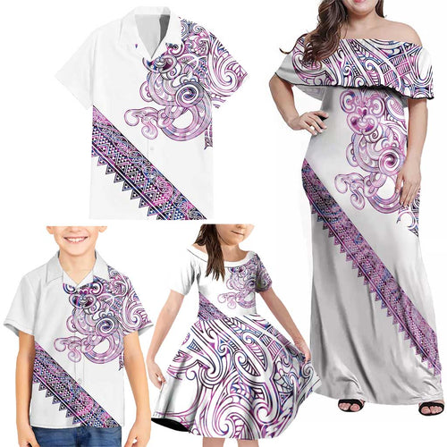 Mawhero Paua shell Kowhaiwhai Taniko Personalised Family Matching Off Shoulder Maxi Dress and Hawaiian Shirt Taniwha Maori Tribal Style