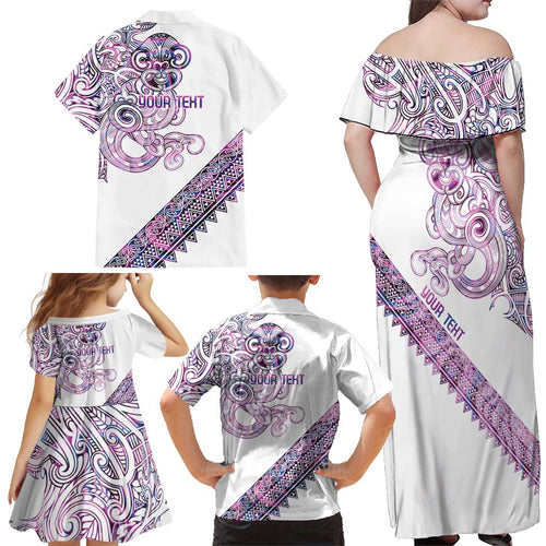 Mawhero Paua shell Kowhaiwhai Taniko Personalised Family Matching Off Shoulder Maxi Dress and Hawaiian Shirt Taniwha Maori Tribal Style
