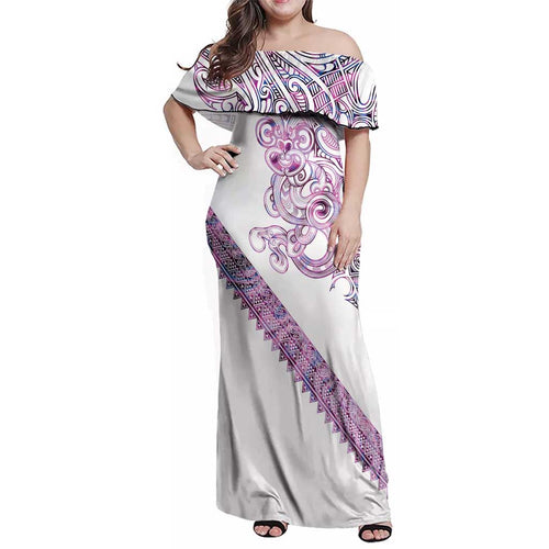 Mawhero Paua shell Kowhaiwhai Taniko Personalised Family Matching Off Shoulder Maxi Dress and Hawaiian Shirt Taniwha Maori Tribal Style