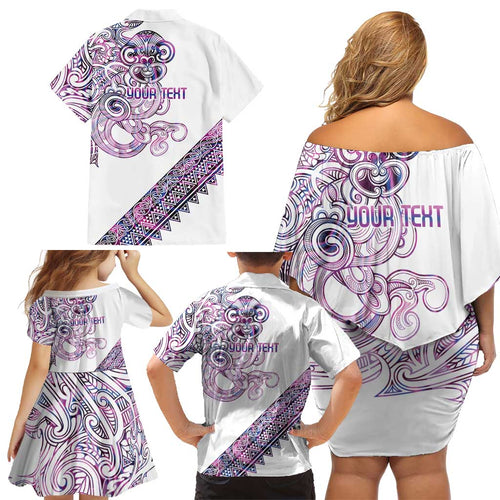 Mawhero Paua shell Kowhaiwhai Taniko Personalised Family Matching Off Shoulder Short Dress and Hawaiian Shirt Taniwha Maori Tribal Style