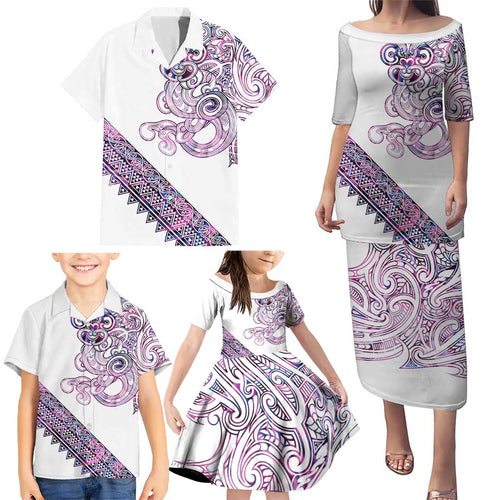 Mawhero Paua shell Kowhaiwhai Taniko Personalised Family Matching Puletasi and Hawaiian Shirt Taniwha Maori Tribal Style