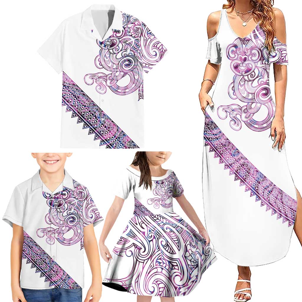 Mawhero Paua shell Kowhaiwhai Taniko Personalised Family Matching Summer Maxi Dress and Hawaiian Shirt Taniwha Maori Tribal Style