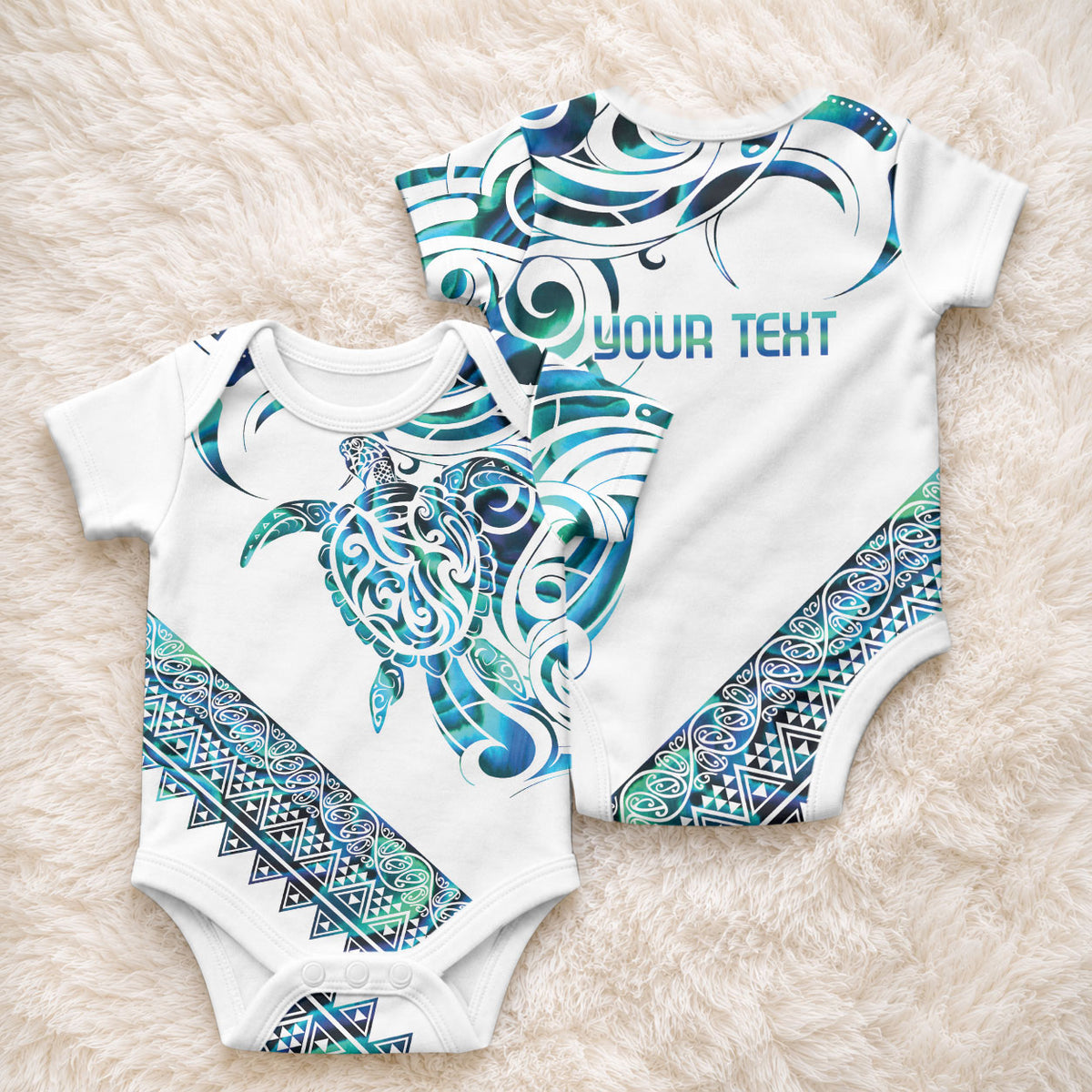 Kahui Whetu Paua shell Kowhaiwhai Taniko Personalised Baby Onesie Turtle Tattoo Maori Tribal Style