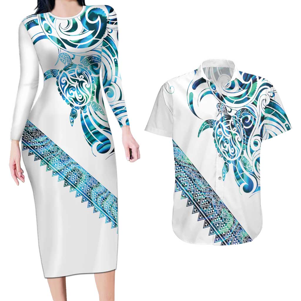 Kahui Whetu Paua shell Kowhaiwhai Taniko Personalised Couples Matching Long Sleeve Bodycon Dress and Hawaiian Shirt Turtle Tattoo Maori Tribal Style