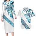Kahui Whetu Paua shell Kowhaiwhai Taniko Personalised Couples Matching Long Sleeve Bodycon Dress and Hawaiian Shirt Turtle Tattoo Maori Tribal Style