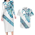 Kahui Whetu Paua shell Kowhaiwhai Taniko Personalised Couples Matching Long Sleeve Bodycon Dress and Hawaiian Shirt Turtle Tattoo Maori Tribal Style