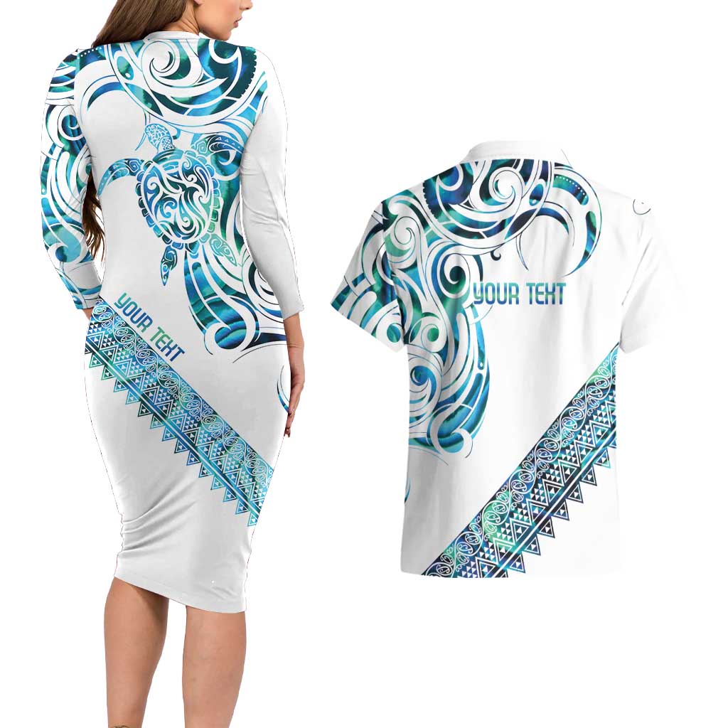 Kahui Whetu Paua shell Kowhaiwhai Taniko Personalised Couples Matching Long Sleeve Bodycon Dress and Hawaiian Shirt Turtle Tattoo Maori Tribal Style