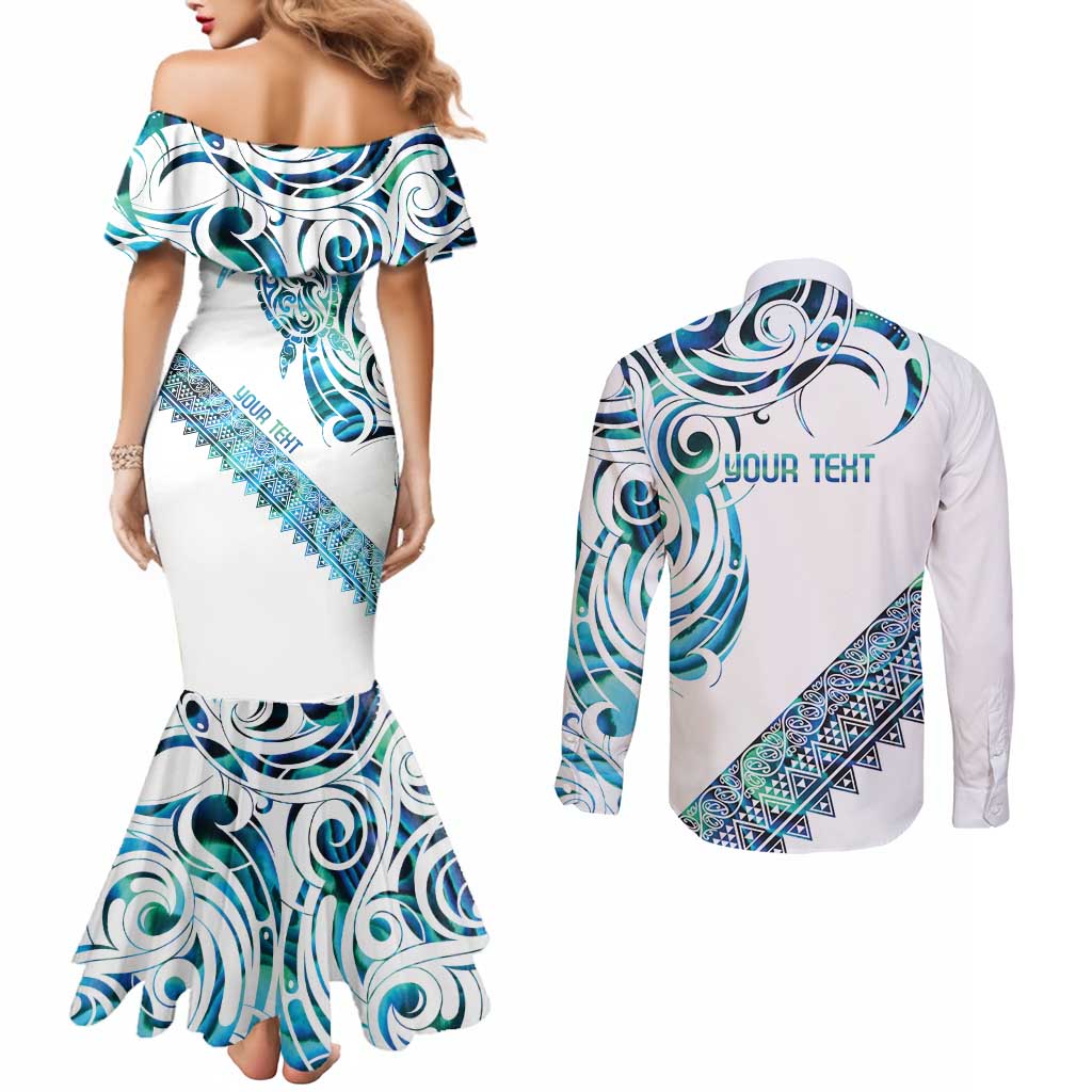 Kahui Whetu Paua shell Kowhaiwhai Taniko Personalised Couples Matching Mermaid Dress and Long Sleeve Button Shirt Turtle Tattoo Maori Tribal Style