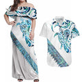 Kahui Whetu Paua shell Kowhaiwhai Taniko Personalised Couples Matching Off Shoulder Maxi Dress and Hawaiian Shirt Turtle Tattoo Maori Tribal Style