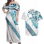 Kahui Whetu Paua shell Kowhaiwhai Taniko Personalised Couples Matching Off Shoulder Maxi Dress and Hawaiian Shirt Turtle Tattoo Maori Tribal Style