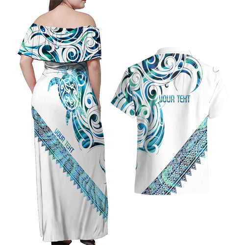 Kahui Whetu Paua shell Kowhaiwhai Taniko Personalised Couples Matching Off Shoulder Maxi Dress and Hawaiian Shirt Turtle Tattoo Maori Tribal Style
