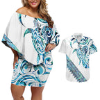 Kahui Whetu Paua shell Kowhaiwhai Taniko Personalised Couples Matching Off Shoulder Short Dress and Hawaiian Shirt Turtle Tattoo Maori Tribal Style