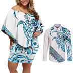 Kahui Whetu Paua shell Kowhaiwhai Taniko Personalised Couples Matching Off Shoulder Short Dress and Long Sleeve Button Shirt Turtle Tattoo Maori Tribal Style