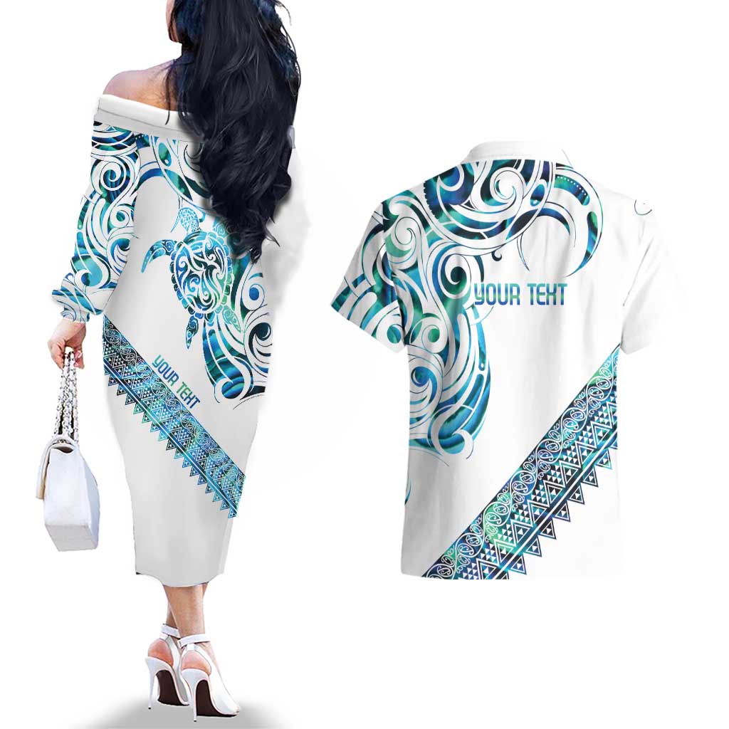 Kahui Whetu Paua shell Kowhaiwhai Taniko Personalised Couples Matching Off The Shoulder Long Sleeve Dress and Hawaiian Shirt Turtle Tattoo Maori Tribal Style