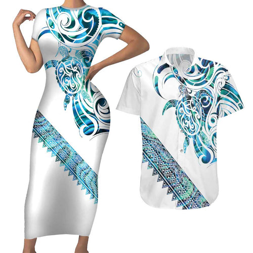 Kahui Whetu Paua shell Kowhaiwhai Taniko Personalised Couples Matching Short Sleeve Bodycon Dress and Hawaiian Shirt Turtle Tattoo Maori Tribal Style
