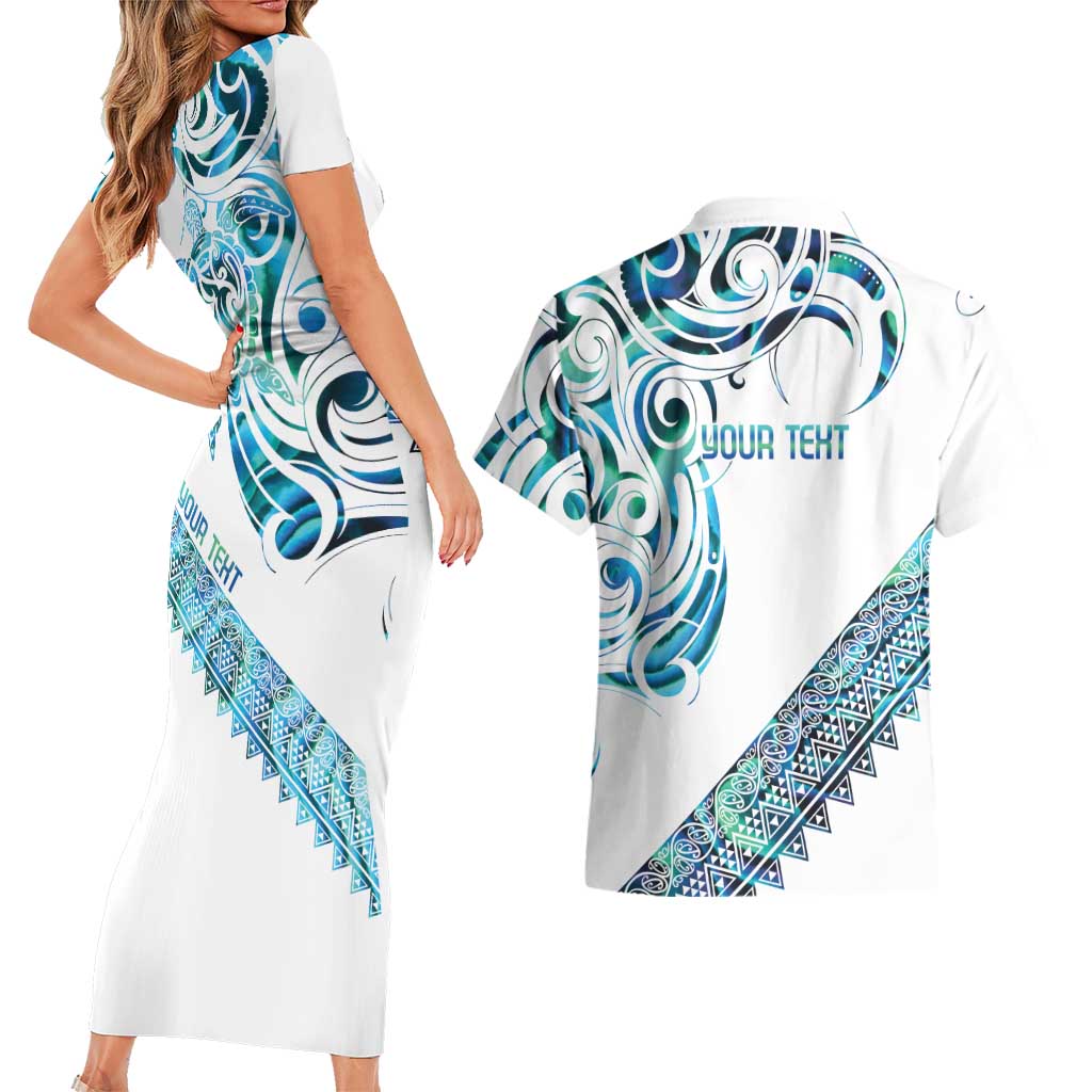 Kahui Whetu Paua shell Kowhaiwhai Taniko Personalised Couples Matching Short Sleeve Bodycon Dress and Hawaiian Shirt Turtle Tattoo Maori Tribal Style